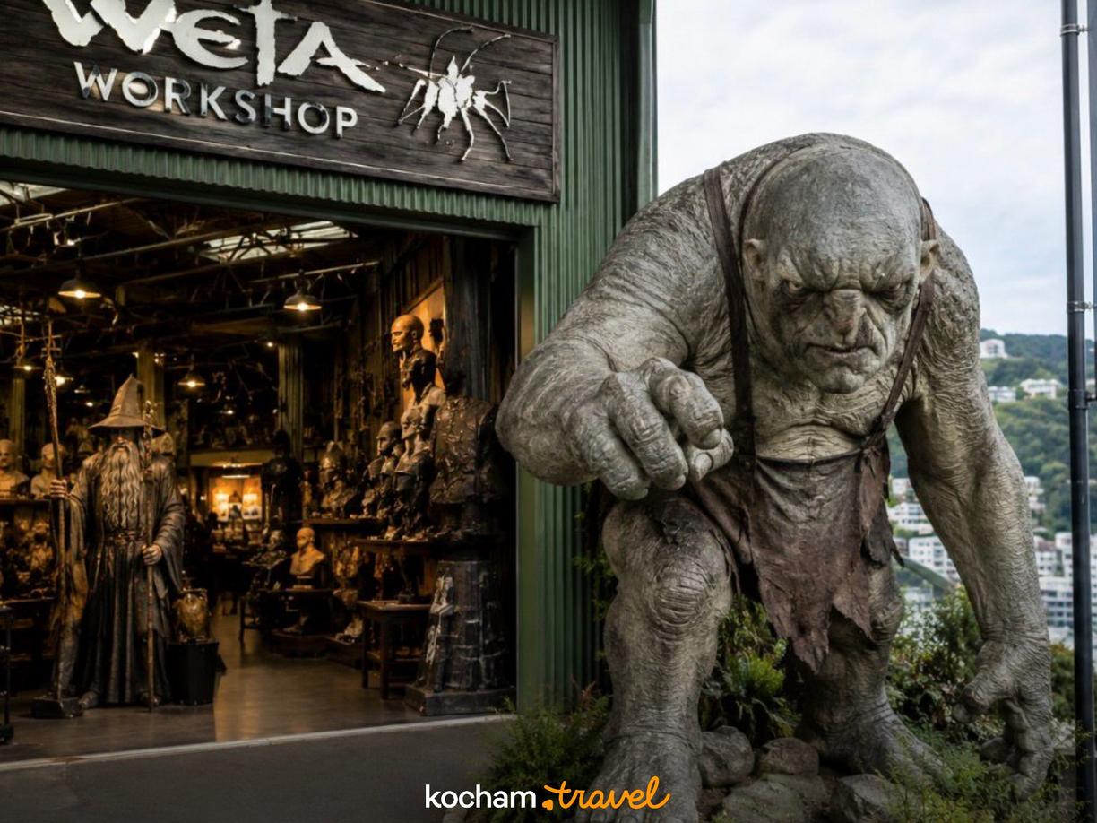 Gigantyczny troll i Gandalf przed Weta Workshop w Nowej Zelandii.