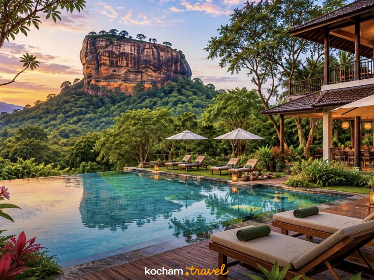 Luksusowy kurort ze skałą Sigiriya i basenem o zachodzie słońca na Sri Lance.