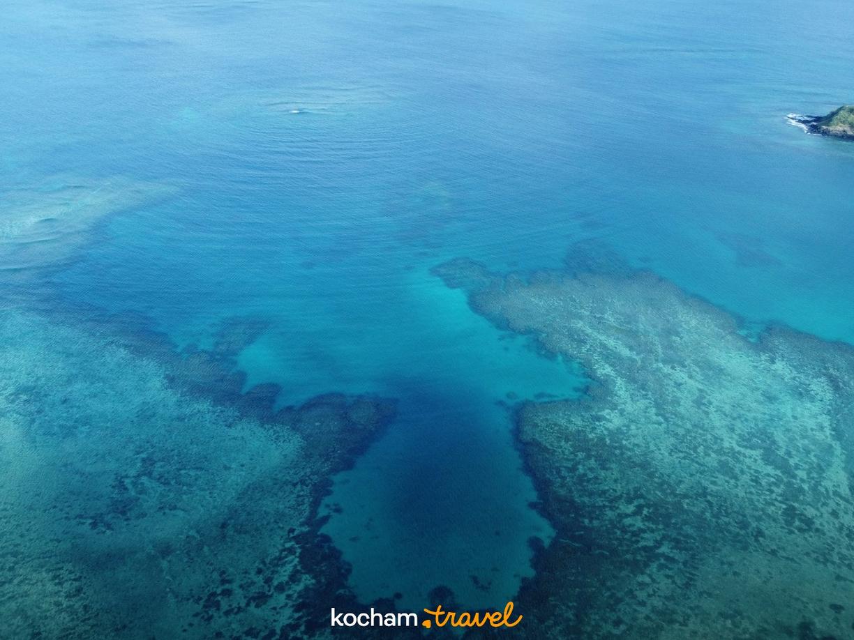 Turkusowy ocean z widocznymi rafami koralowymi i zalesioną wyspą.
