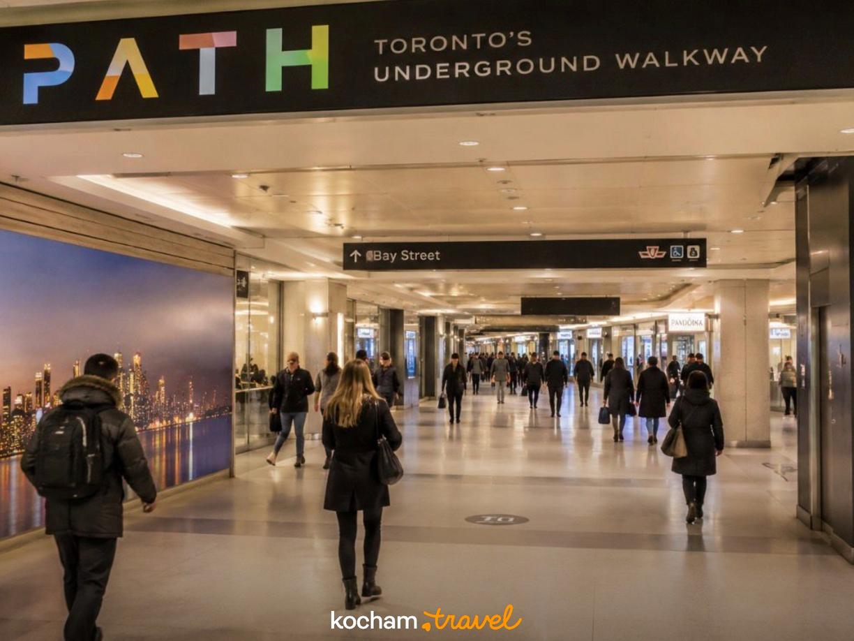 Podziemny pasaż PATH w Toronto ze sklepami i spacerującymi ludźmi.