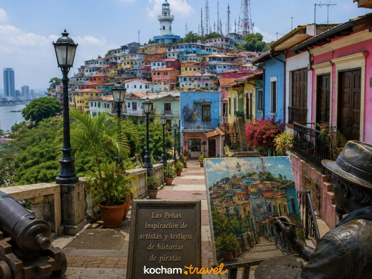 Artysta maluje kolorowe domy Las Peñas i latarnię morską w Guayaquil.