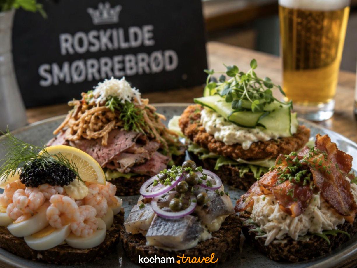 Pięć wykwintnych duńskich kanapek smørrebrød z różnymi dodatkami na talerzu.