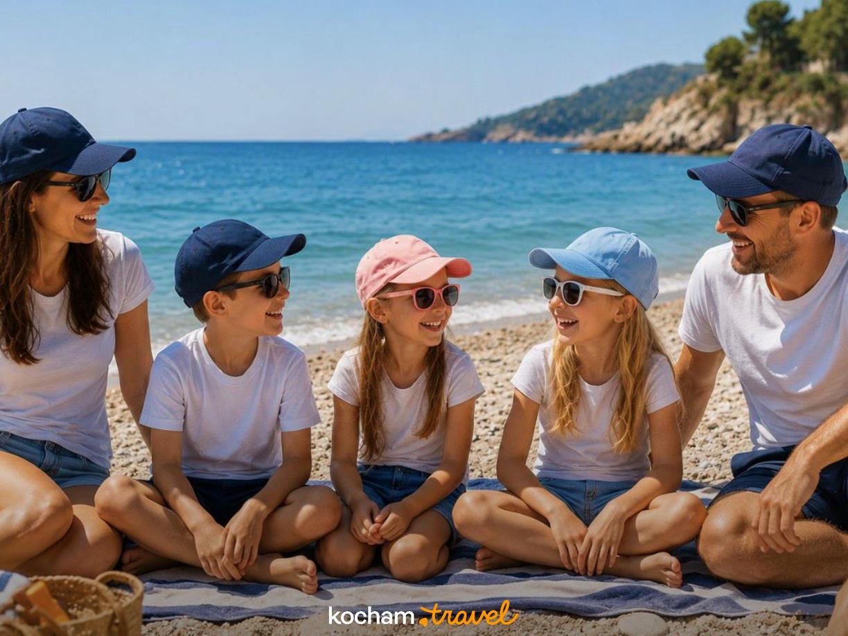 Szczęśliwa rodzina z dziećmi wypoczywa na kamienistej plaży nad morzem.