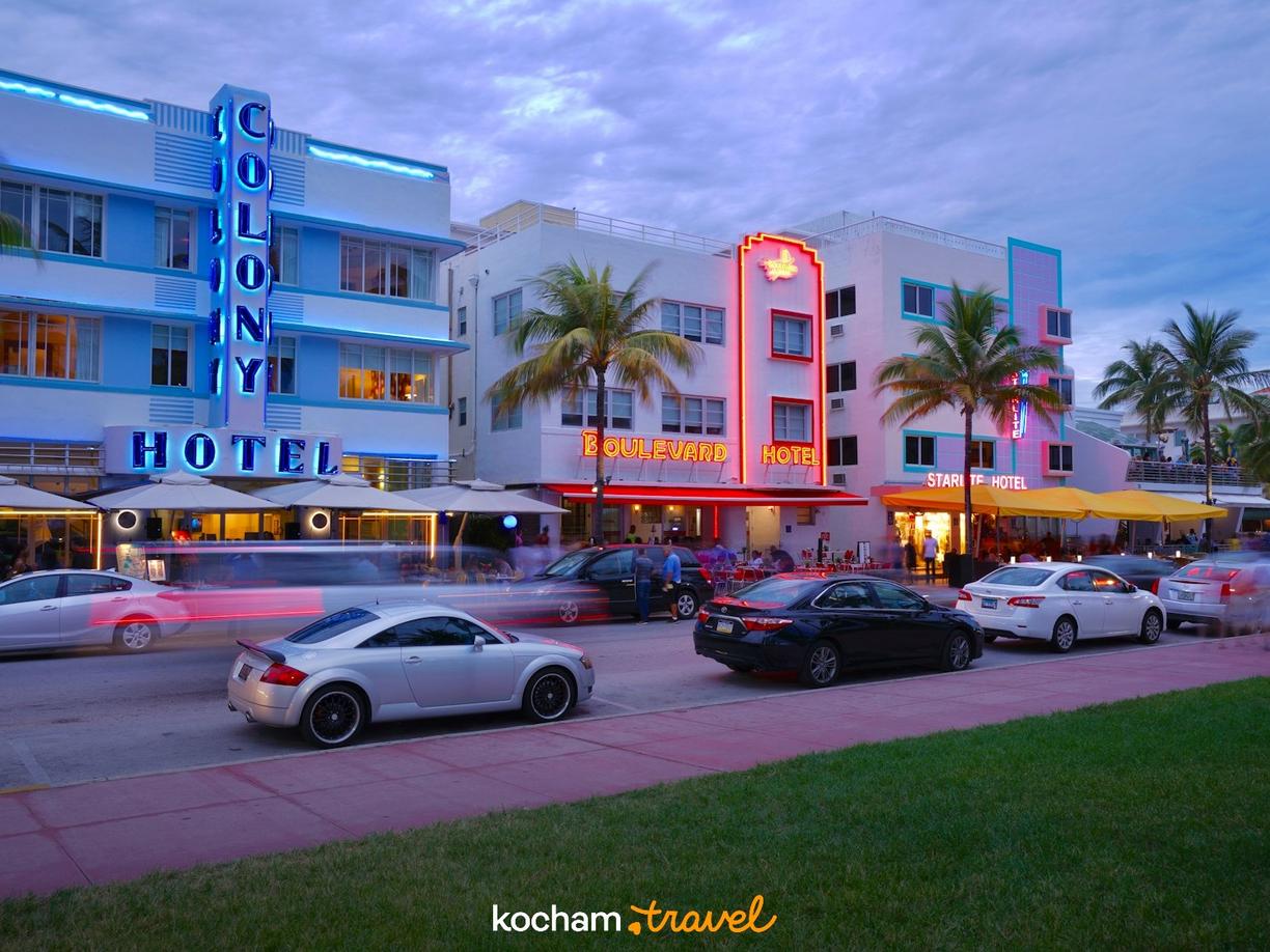 Hotele Art Deco z neonami i palmami na Ocean Drive, Miami Beach wieczorem.
