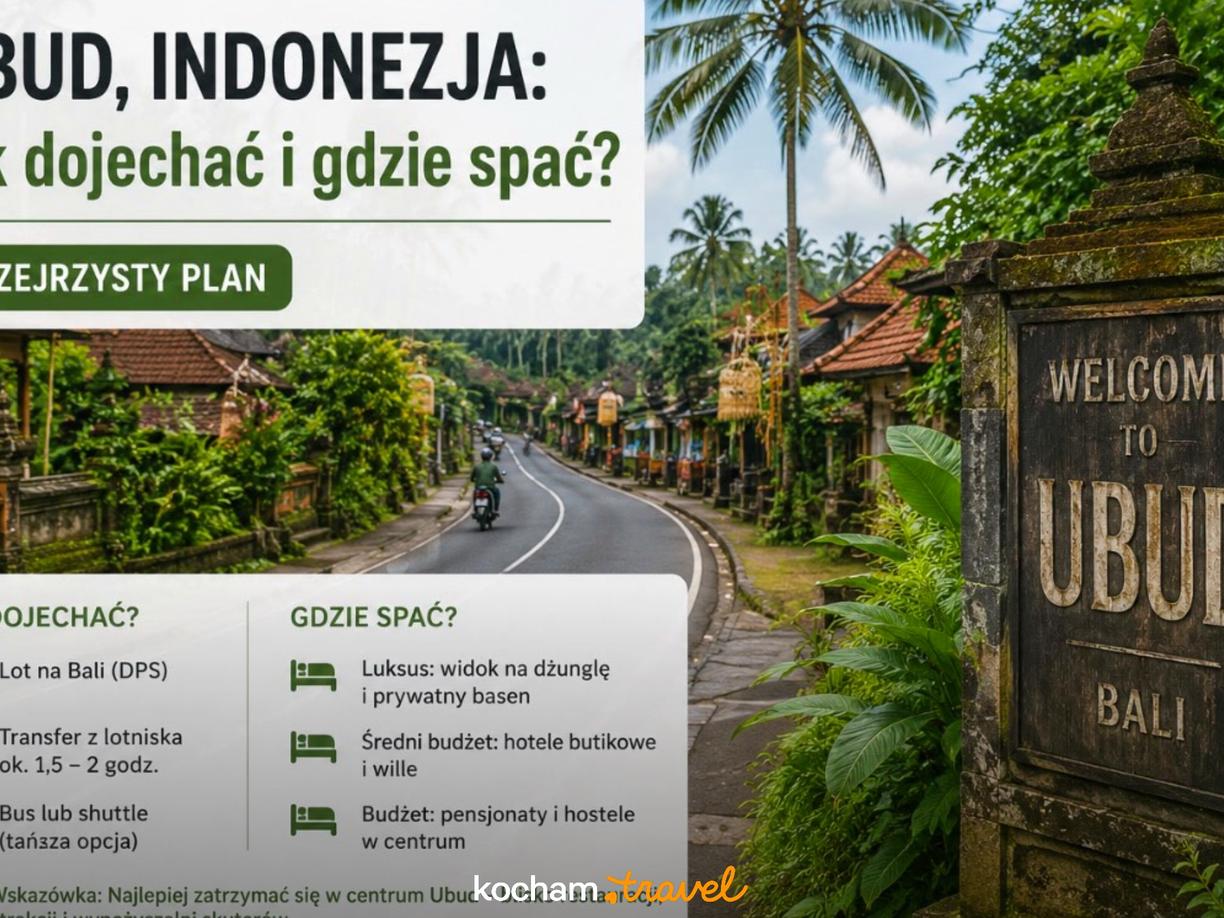 Ulica w Ubud, Indonezja, z palmami i tradycyjną balijską architekturą.