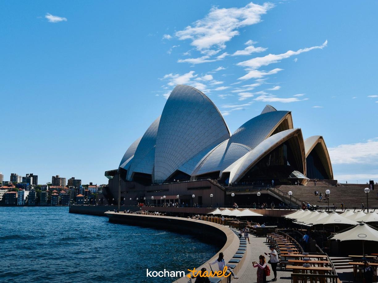 Opera w Sydney, błękitne niebo, nabrzeże z restauracjami.