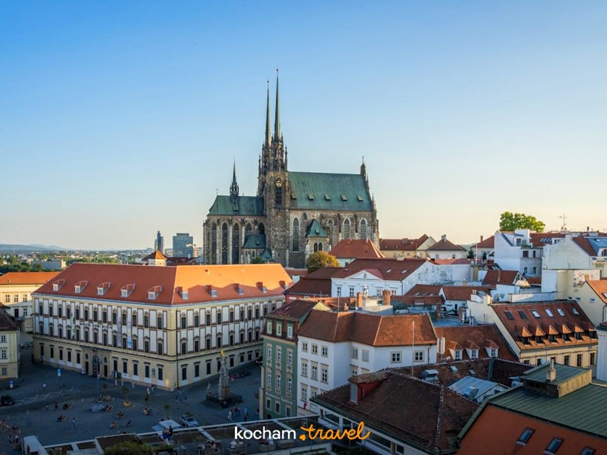 Panorama Brna z Katedrą Petrov, zabytkowa architektura, słoneczny dzień.