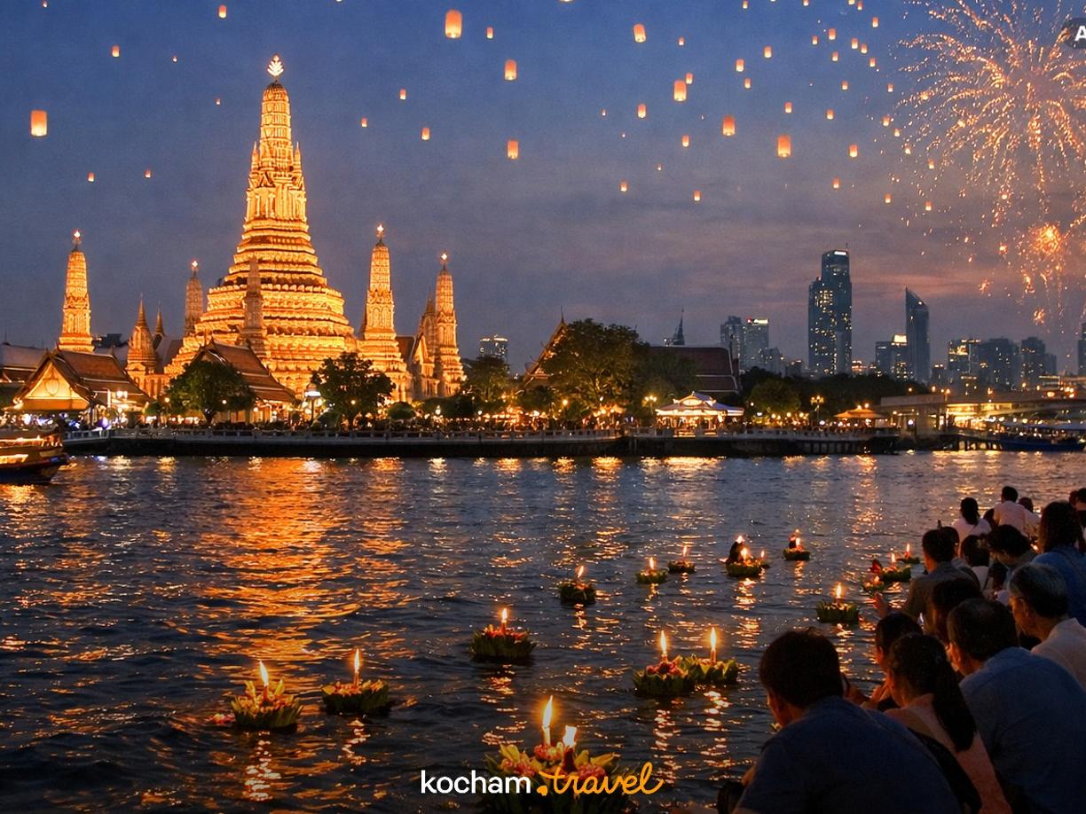 Ilustracja do tematu: Tajlandia. Jak samemu zorganizować wyjazd na festiwal Loy Krathong w Bangkoku? Terminy, logistyka i najlepsze miejsca nad rzeką Menam.