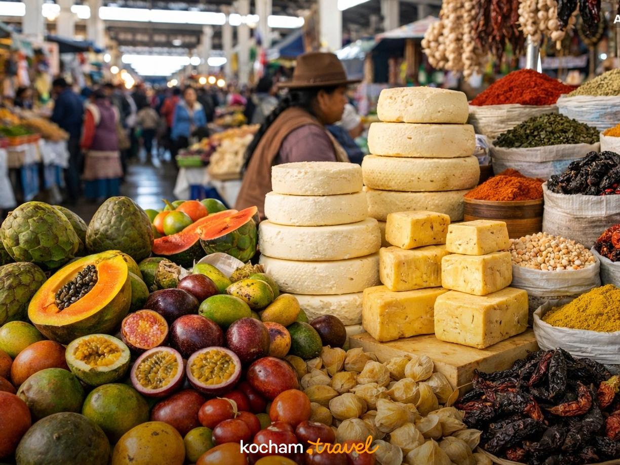 Ilustracja do tematu: Peru. Mercado San Pedro w Cusco: kulinarna podróż przez andyjskie owoce, sery i lokalne przyprawy.