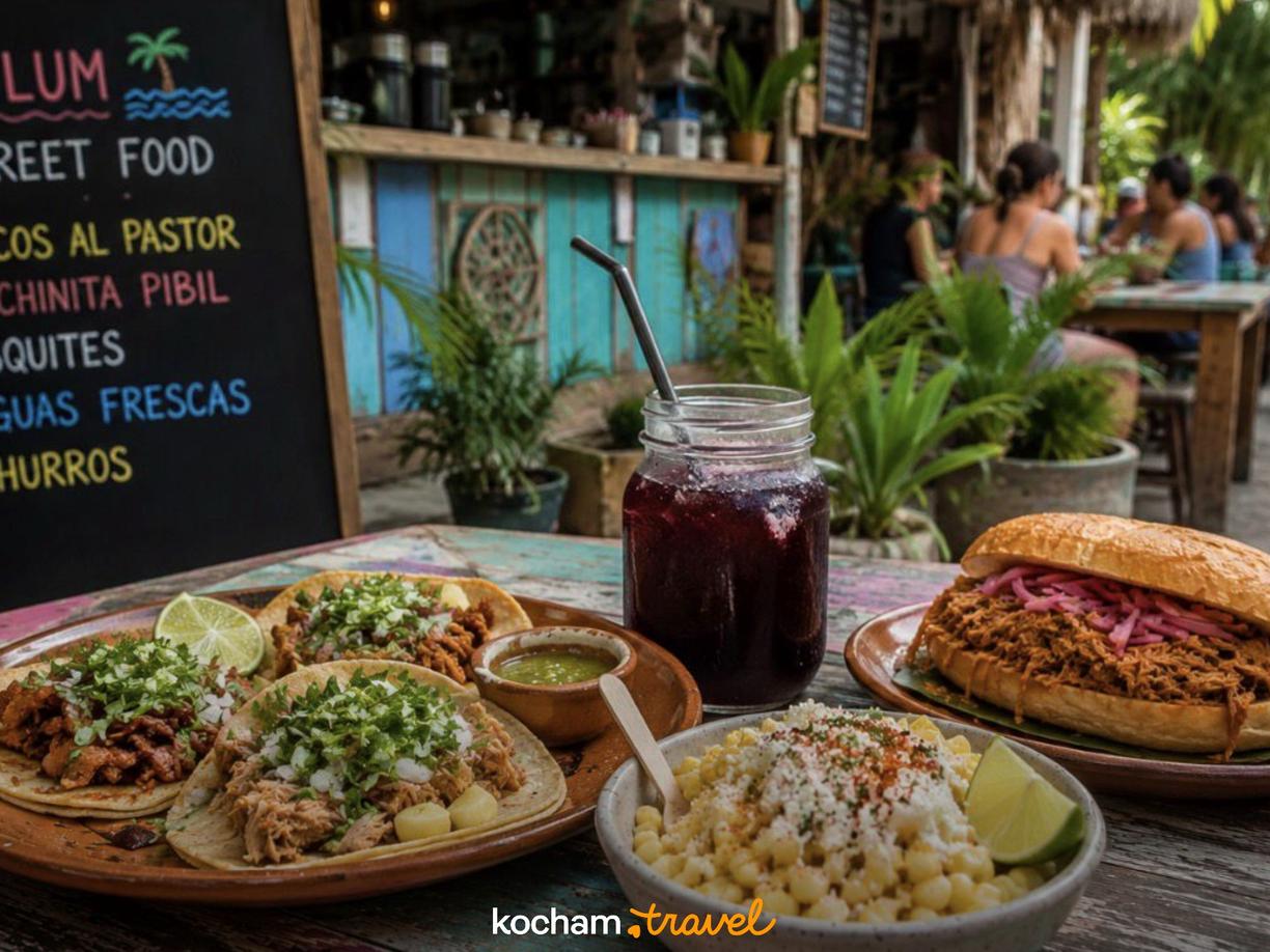 Meksykańskie jedzenie uliczne: tacos, torta, esquites w Tulum.