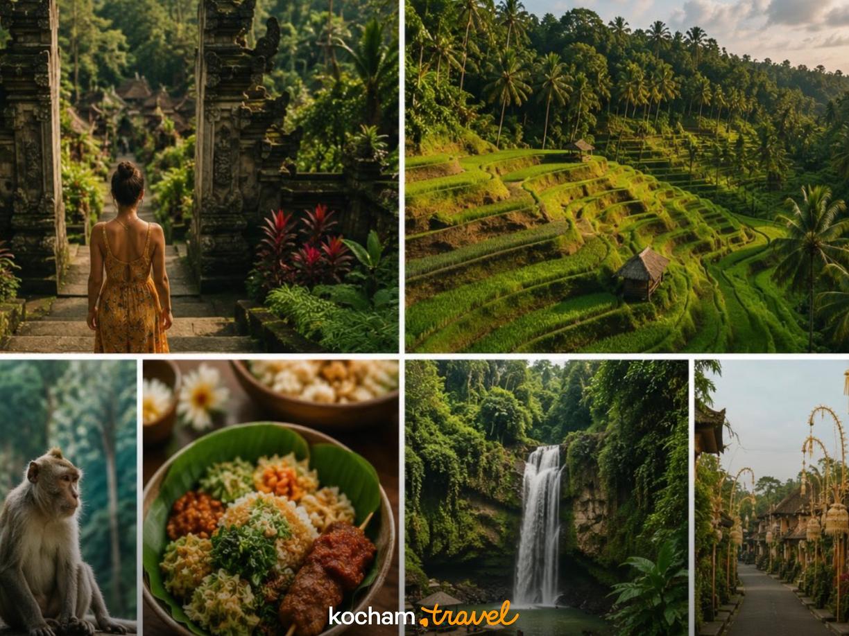 Różnorodne sceny z Bali: świątynie, tarasy ryżowe, wodospad, małpa, jedzenie.