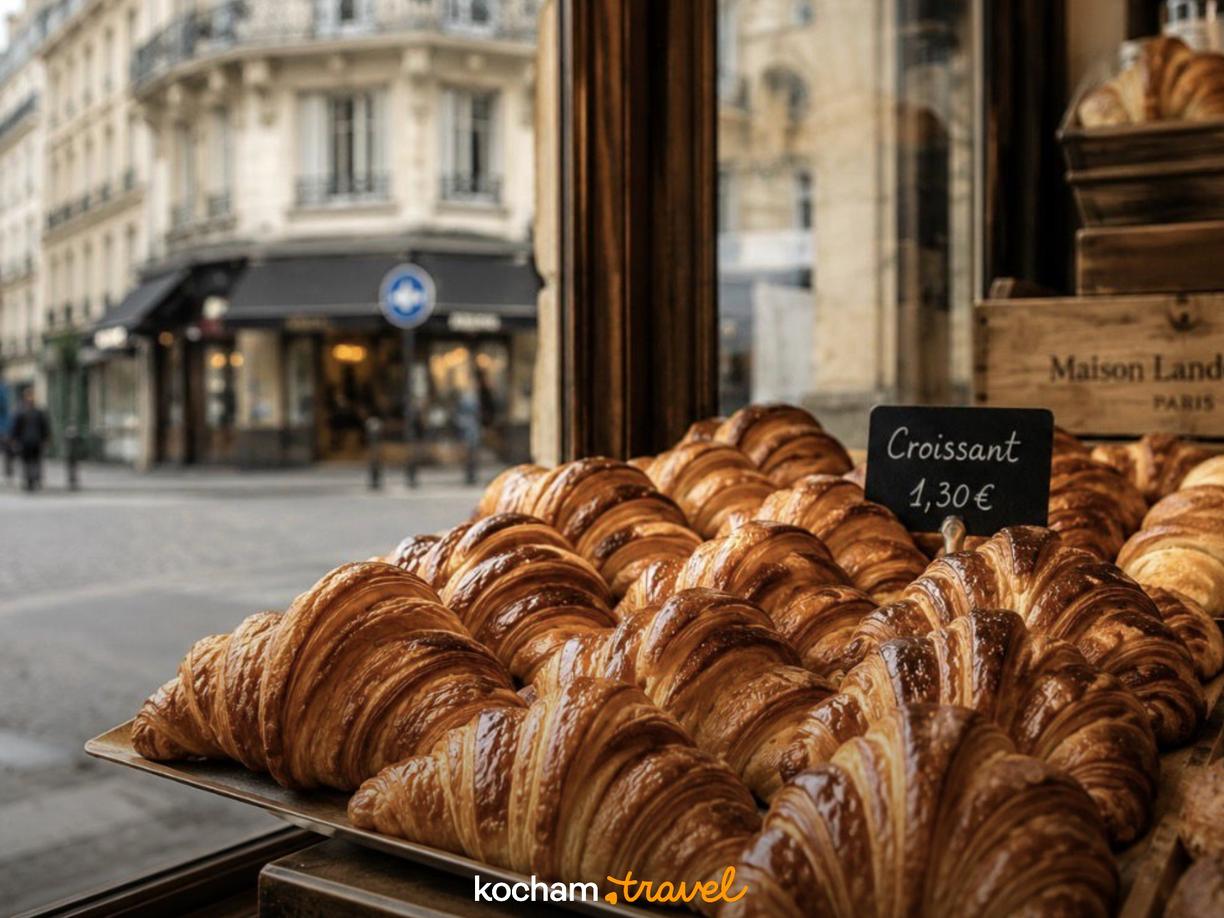 Paryskie croissanty w witrynie piekarni z Wieżą Eiffla w tle.