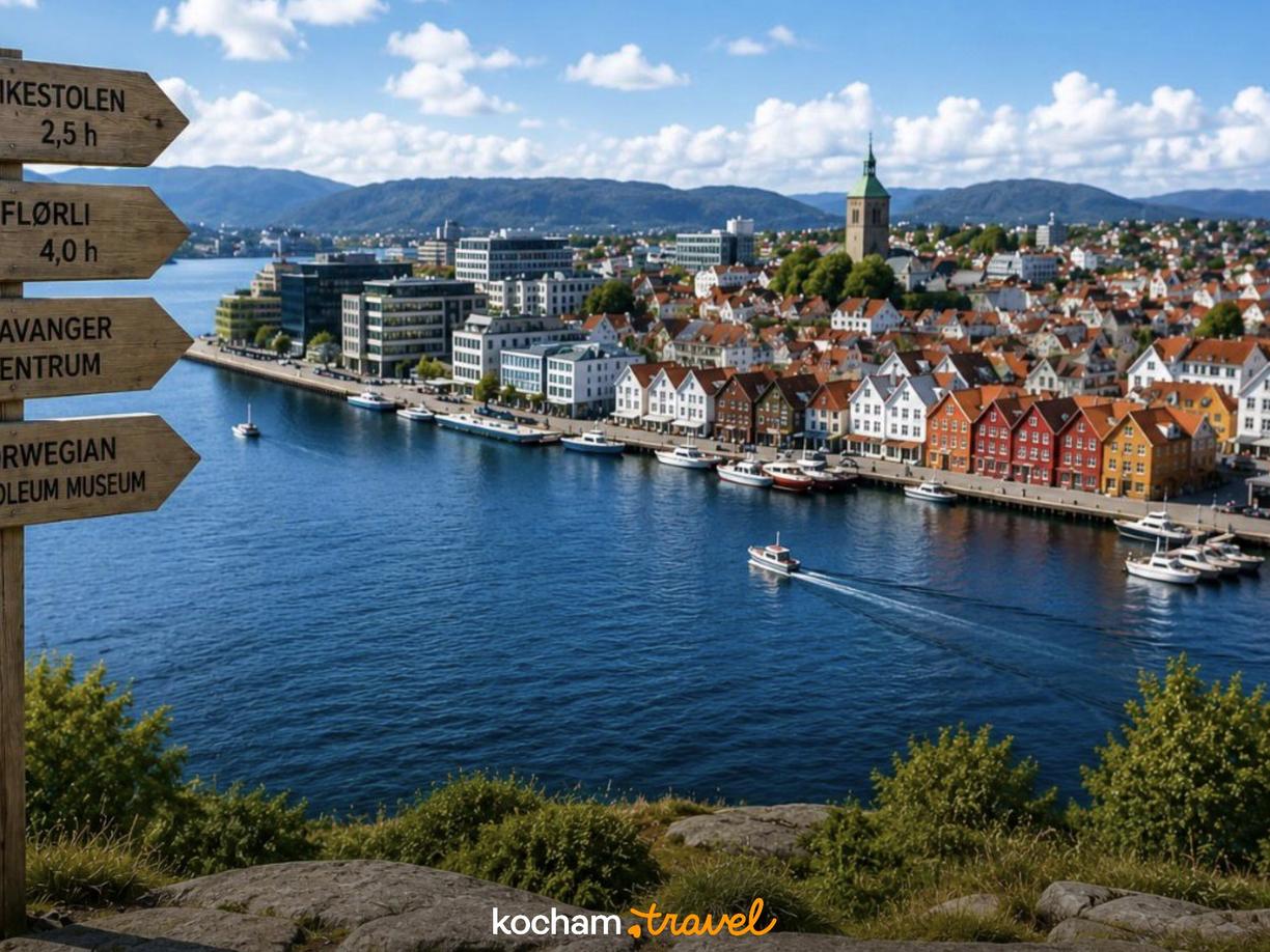 Malowniczy Stavanger w Norwegii z drogowskazem i portowymi kamienicami.
