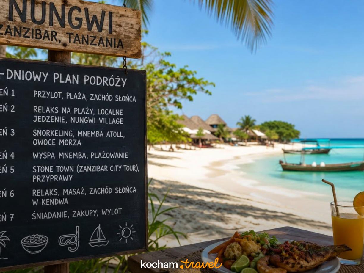 Gotowy plan podróży: wyjazd do Nungwi w Tanzanii na 7 dni. Dzienny rozkład łączący plażowy relaks, lokalne posiłki i wycieczki po wyspie
