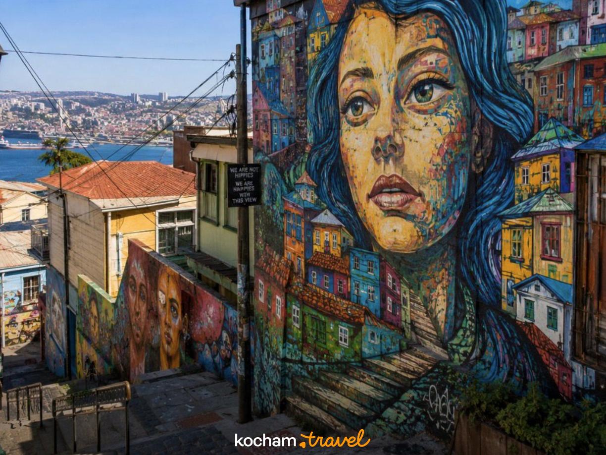 Valparaíso, Chile: kolorowe domy, mural kobiety i widok na port.