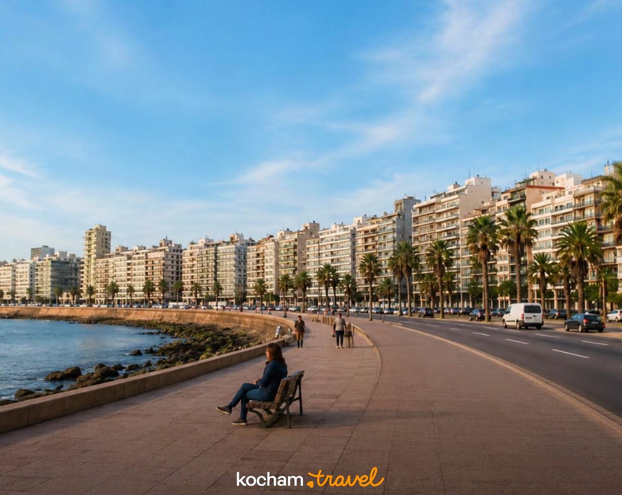Nadbrzeżna promenada z budynkami, palmami i widokiem na ocean.
