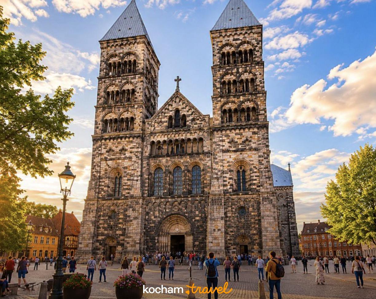 Historyczna Katedra w Lund, plac tętniący życiem w świetle zachodzącego słońca.