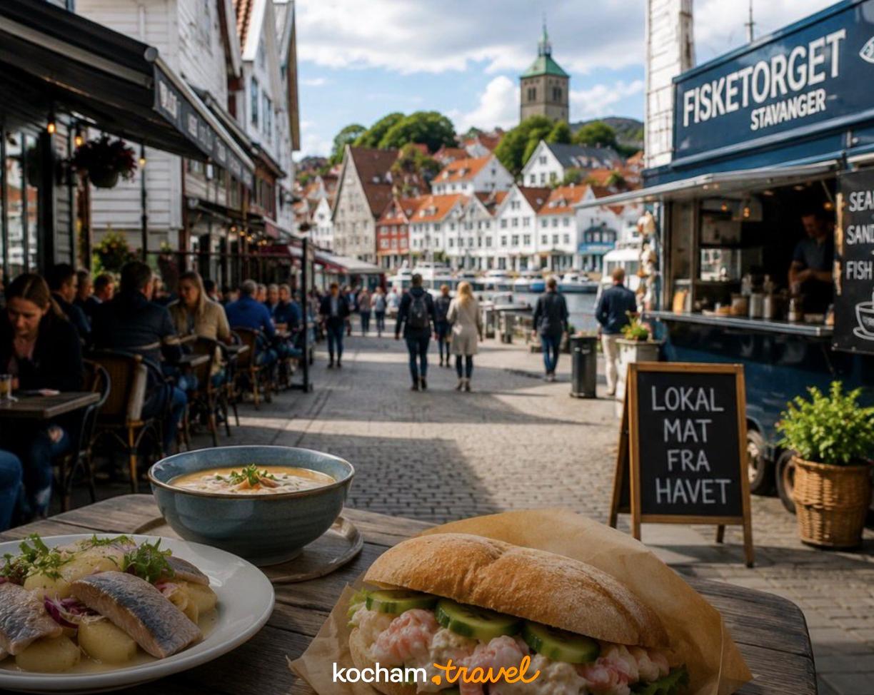 Degustacja lokalnych owoców morza na urokliwej ulicy Stavanger, Norwegia.