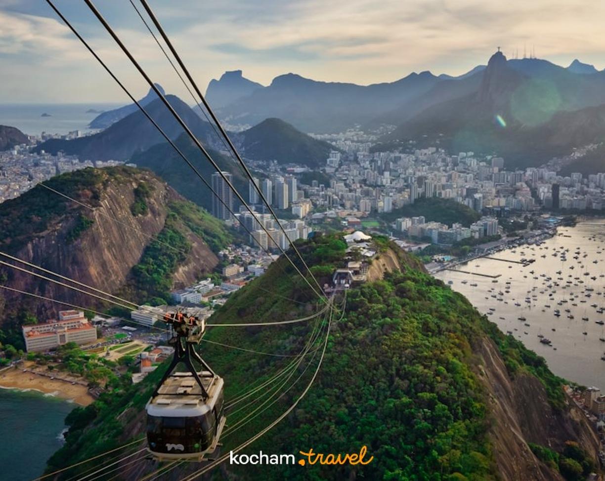 Rio de Janeiro, kolejka linowa, panoramiczny widok miasta, plaż i Chrystusa Odkupiciela.