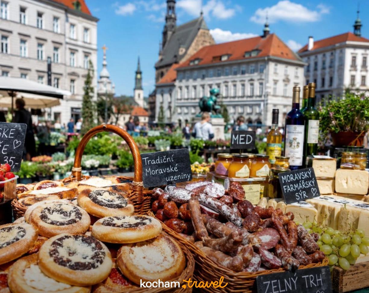 Morawski targ w Brnie oferujący regionalne produkty: sery, wędliny, wypieki.