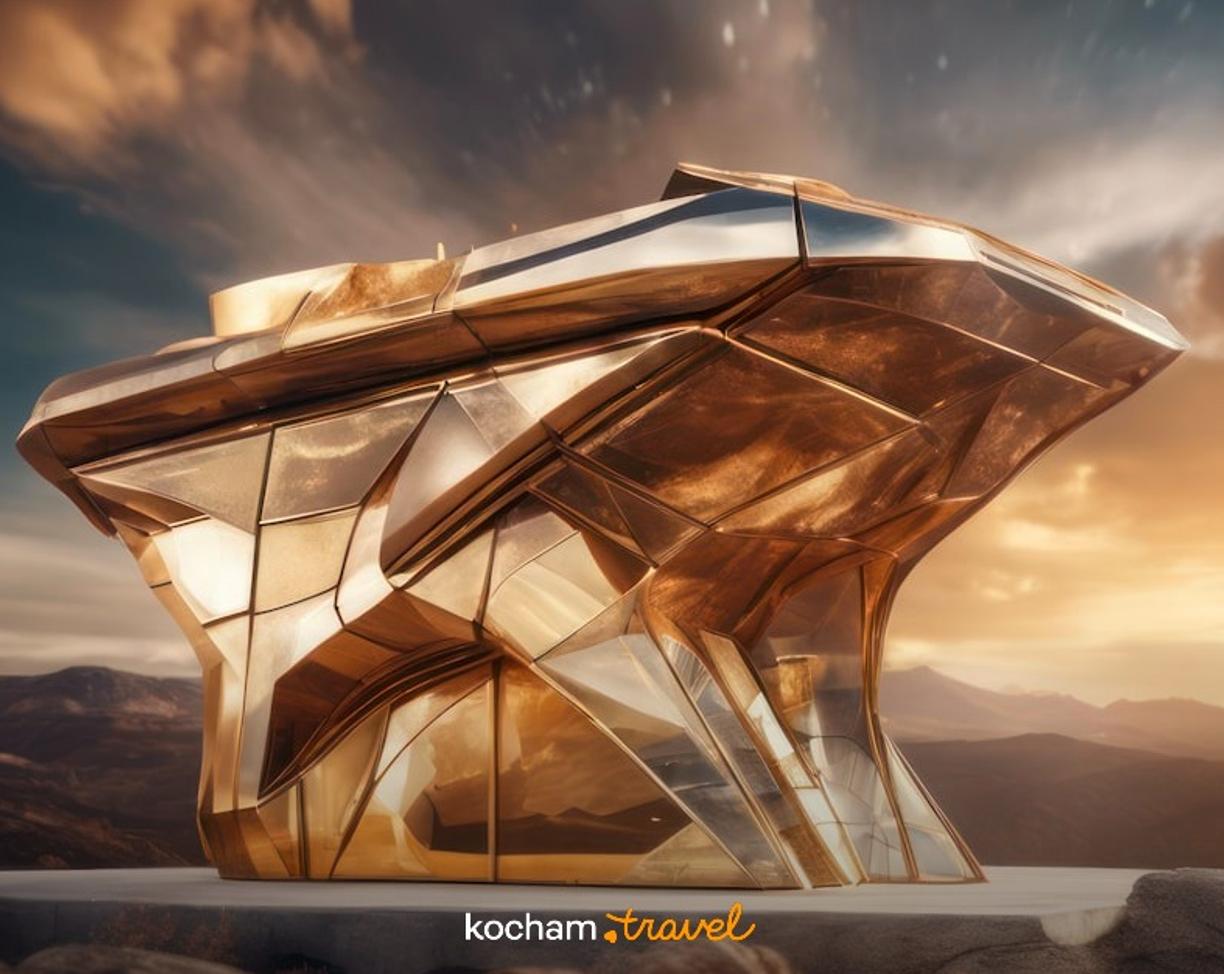 Złota futurystyczna architektura na tle pustynnych gór o zachodzie słońca.