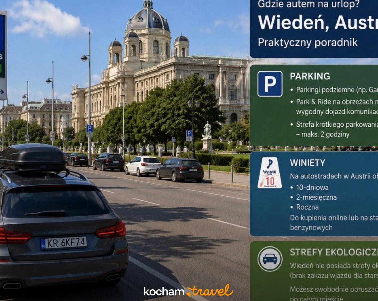 Wiedeń: samochód turystyczny z boxem dachowym na ulicy przy Rathaus.