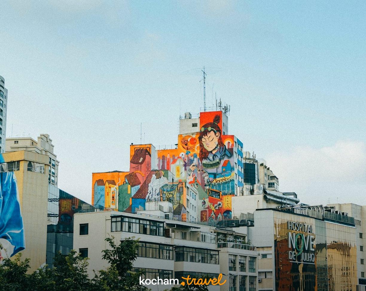Kolorowe murale na budynkach w mieście, w tym lekarz i postać z anime.