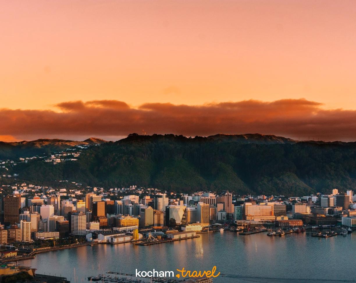 Wellington, Nowa Zelandia: panorama miasta, port i wzgórza o zachodzie słońca.