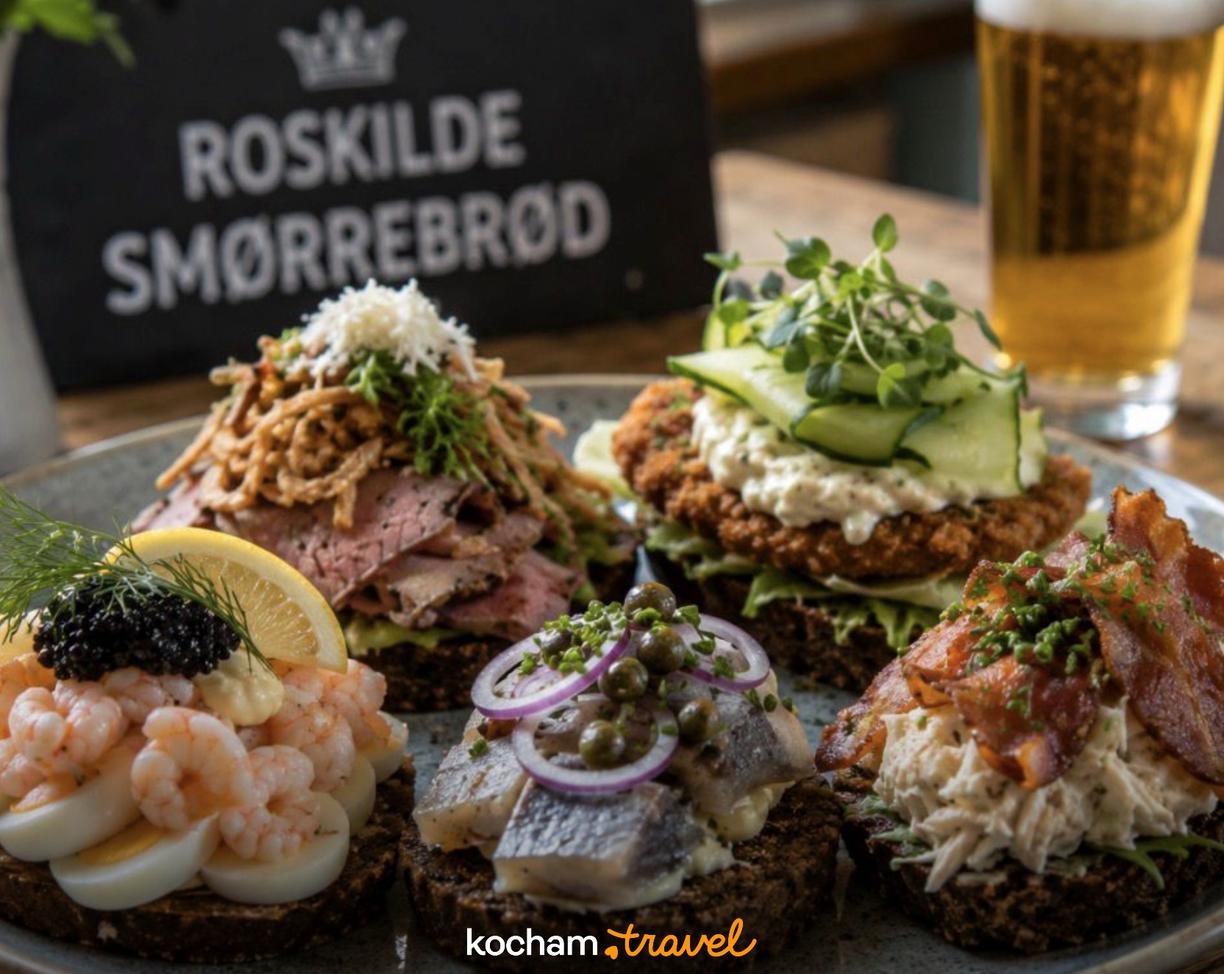 Pięć wykwintnych duńskich kanapek smørrebrød z różnymi dodatkami na talerzu.