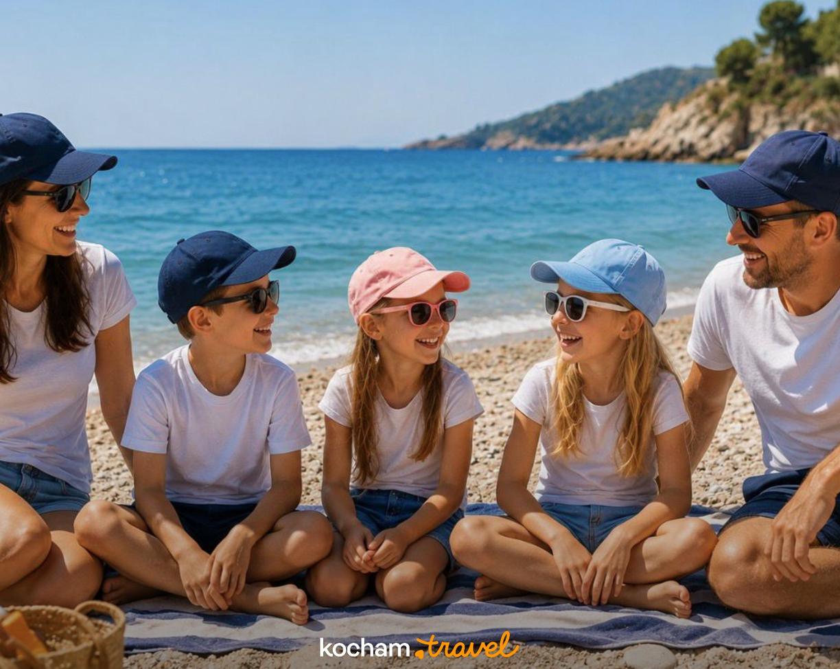 Szczęśliwa rodzina z dziećmi wypoczywa na kamienistej plaży nad morzem.