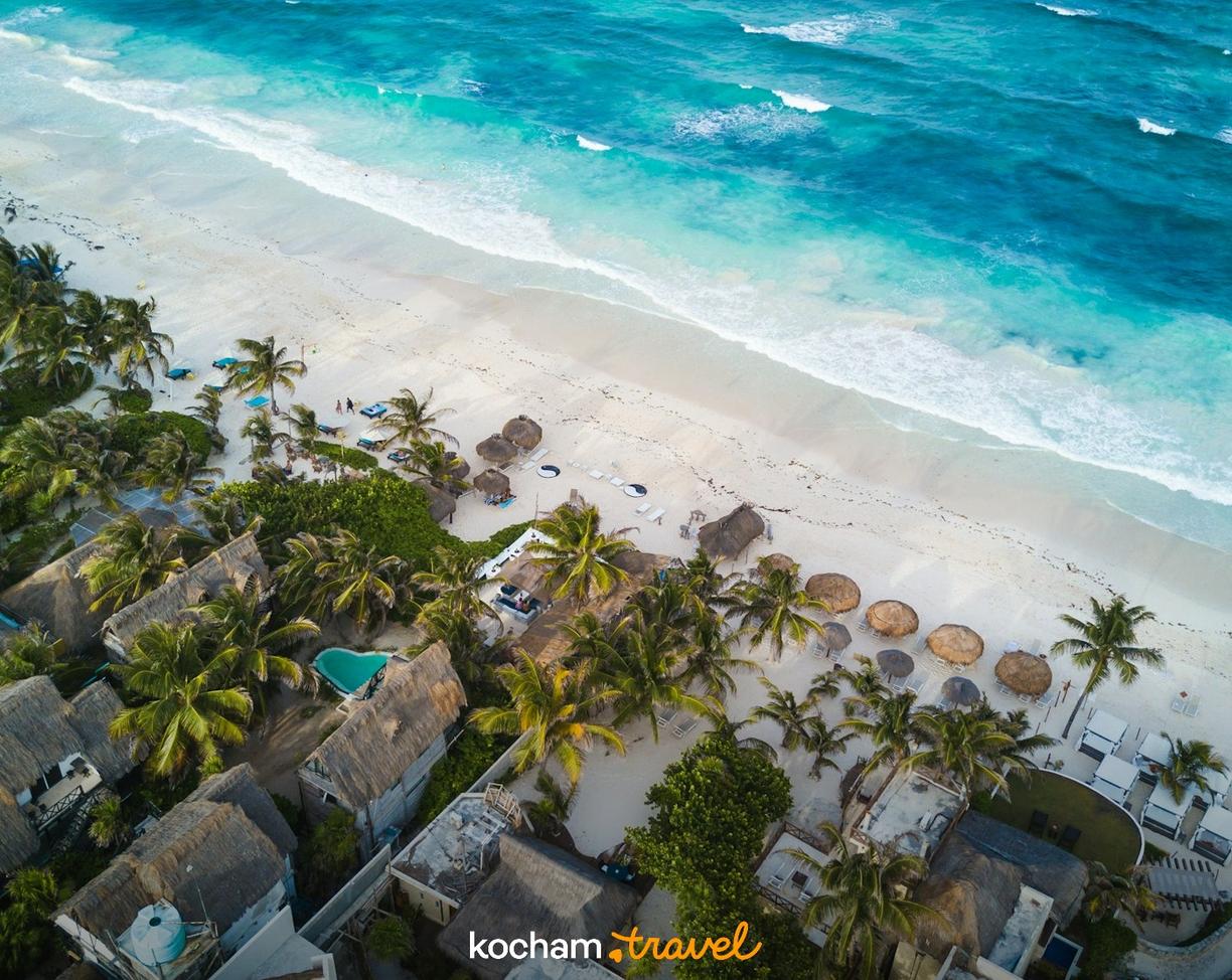 Tropikalna plaża z palmami i bungalowami nad turkusowym oceanem.