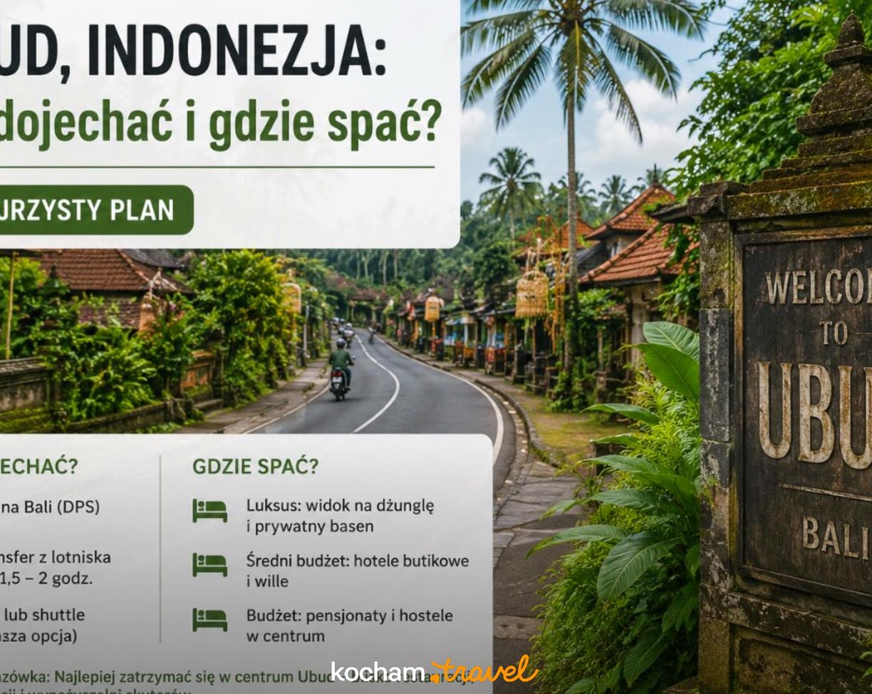 Ulica w Ubud, Indonezja, z palmami i tradycyjną balijską architekturą.