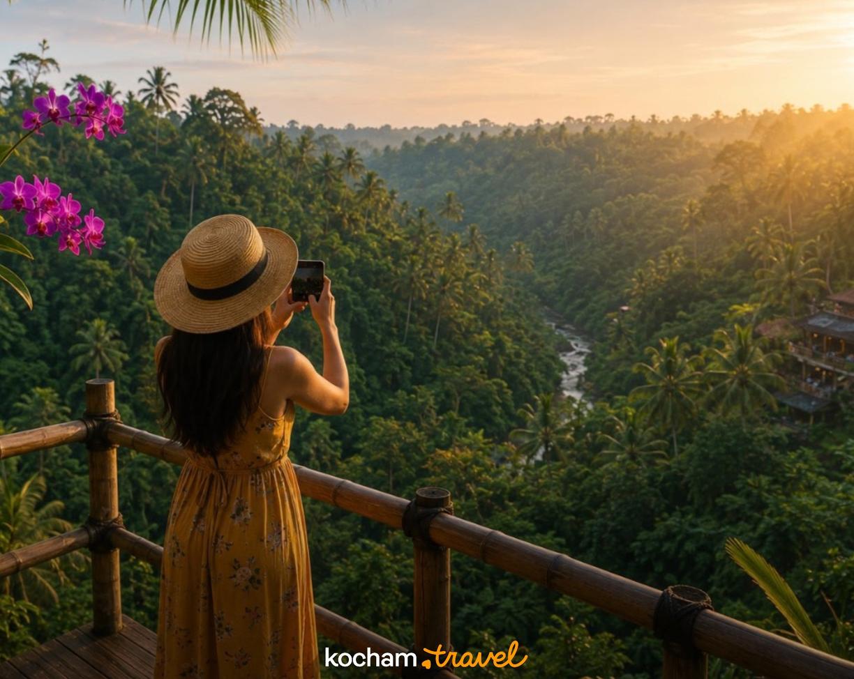 Kobieta w kapeluszu fotografuje bujną tropikalną dolinę w złotym świetle.