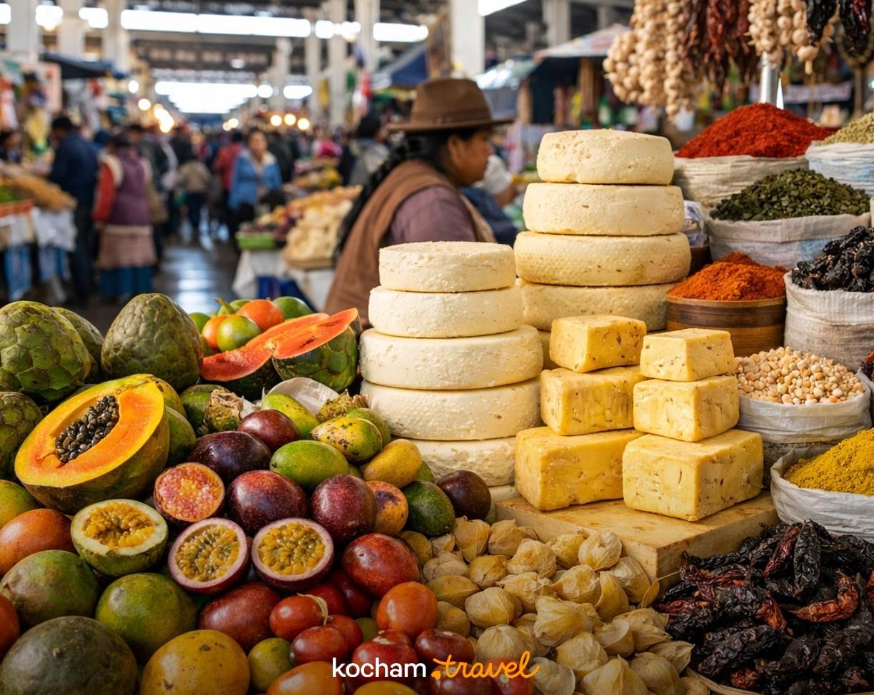 Ilustracja do tematu: Peru. Mercado San Pedro w Cusco: kulinarna podróż przez andyjskie owoce, sery i lokalne przyprawy.