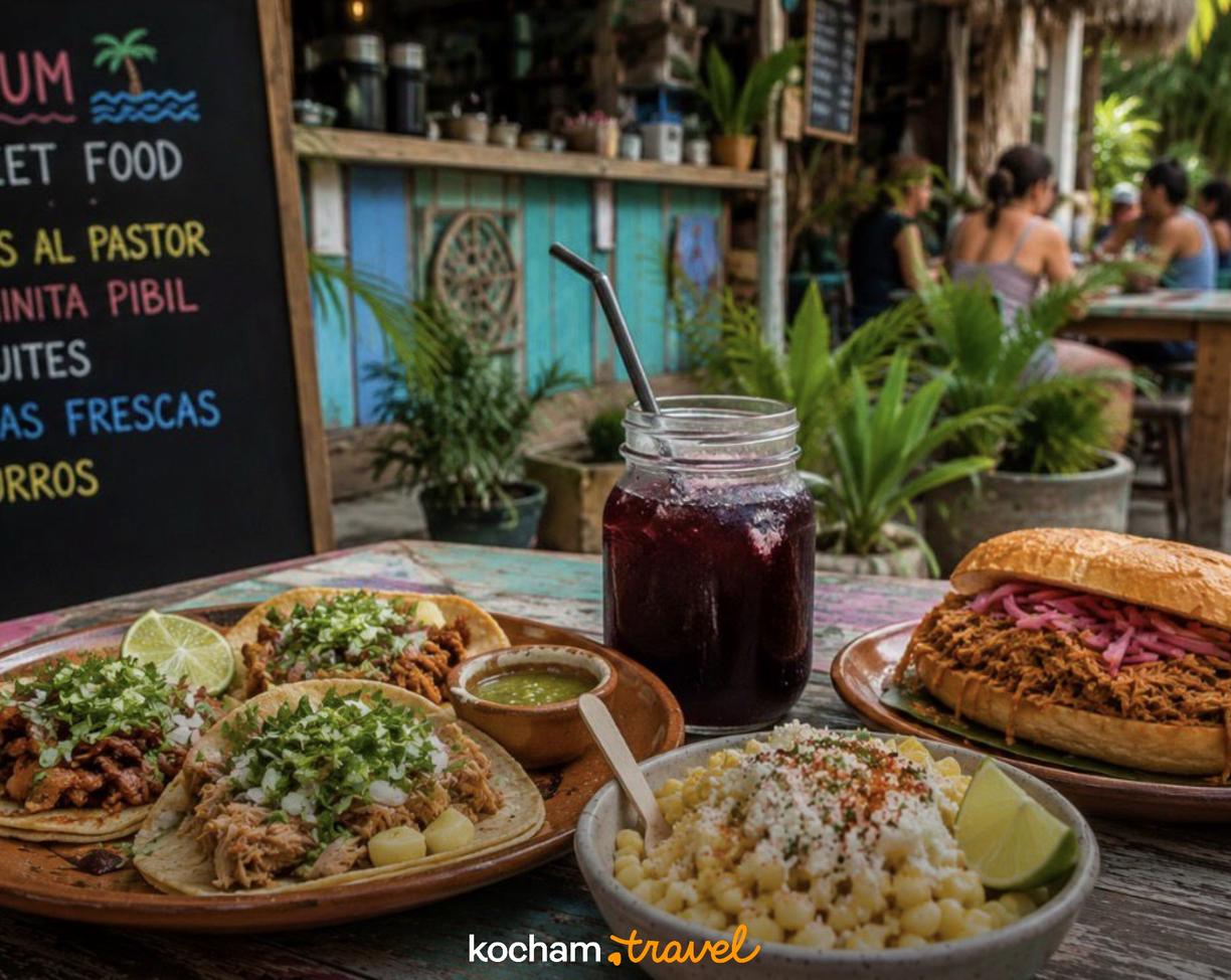 Meksykańskie jedzenie uliczne: tacos, torta, esquites w Tulum.