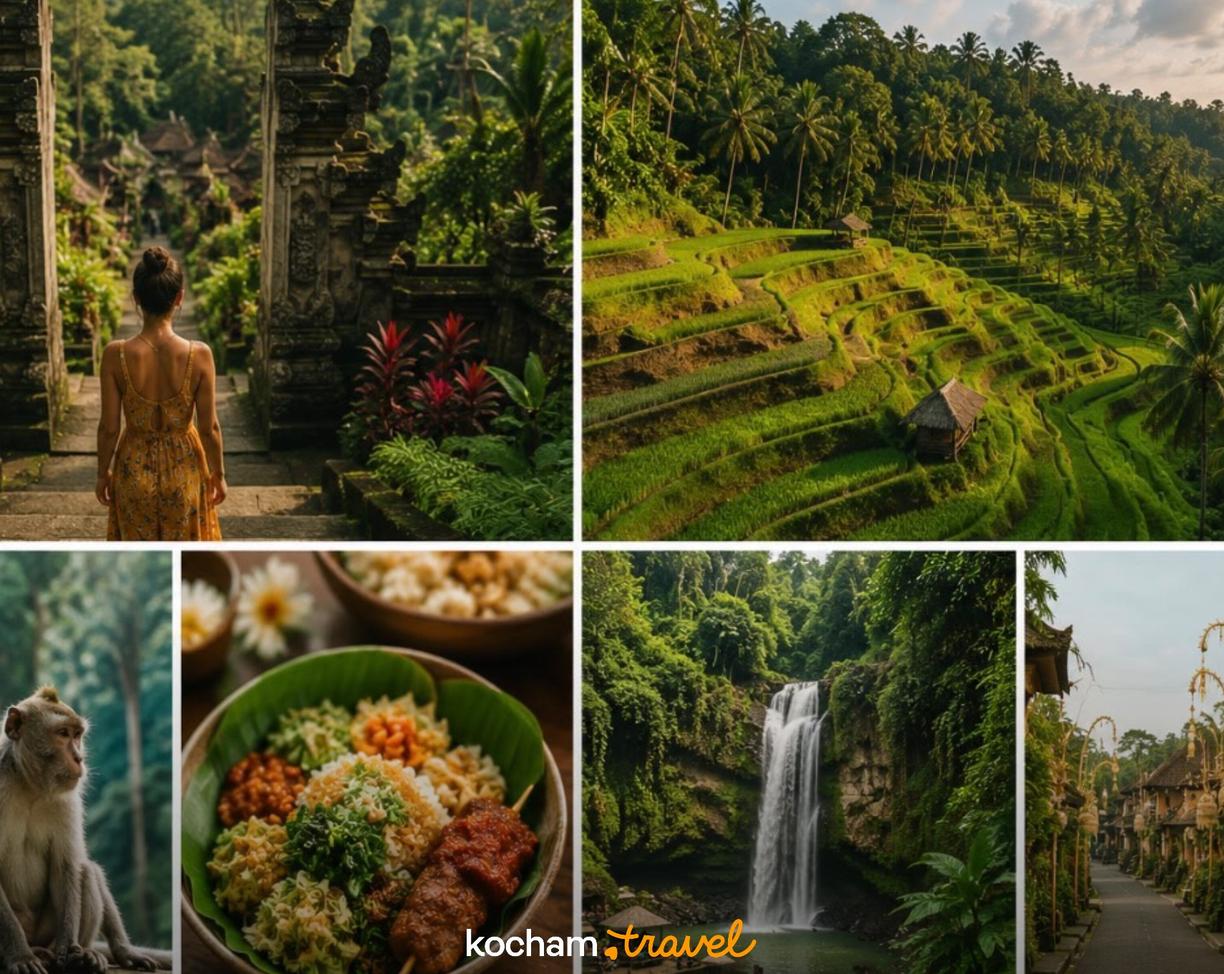 Różnorodne sceny z Bali: świątynie, tarasy ryżowe, wodospad, małpa, jedzenie.