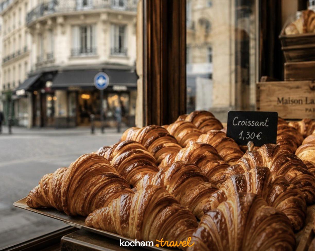 Paryskie croissanty w witrynie piekarni z Wieżą Eiffla w tle.