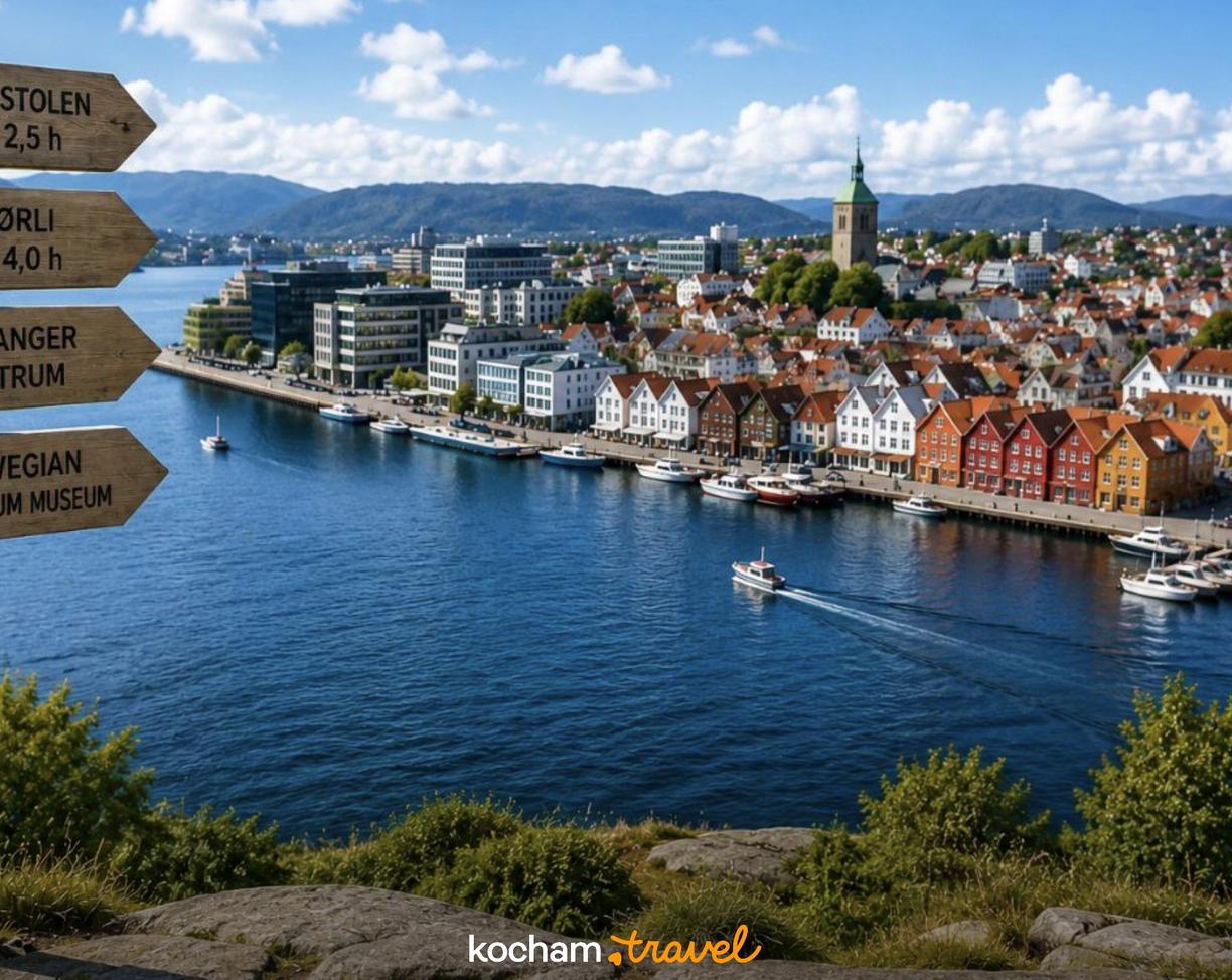 Malowniczy Stavanger w Norwegii z drogowskazem i portowymi kamienicami.