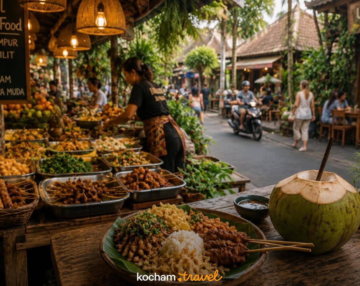 Uliczne jedzenie na Bali: satay, nasi campur i świeże kokosy.