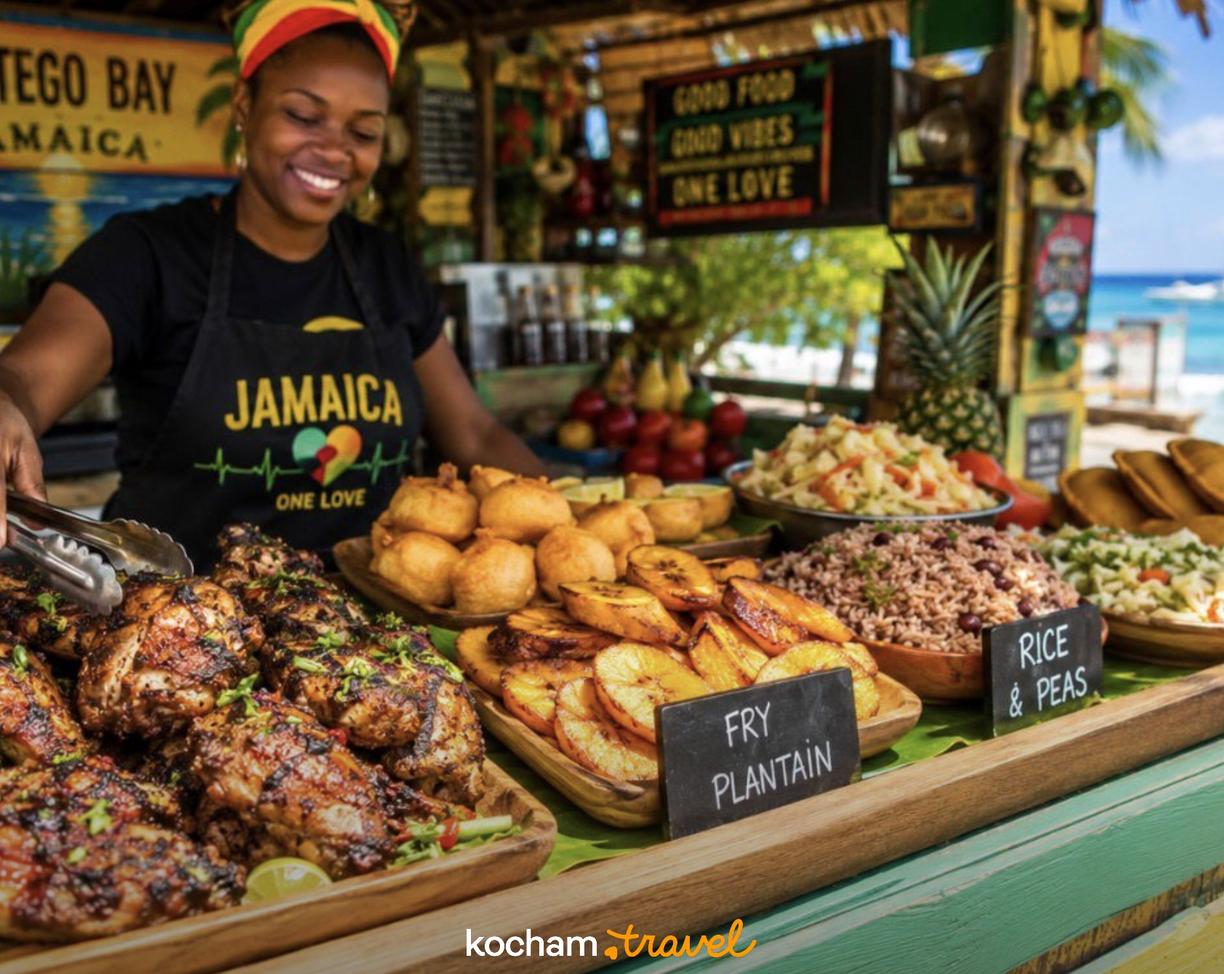 Kobieta serwująca tradycyjne jamajskie jedzenie z Montego Bay na plaży.