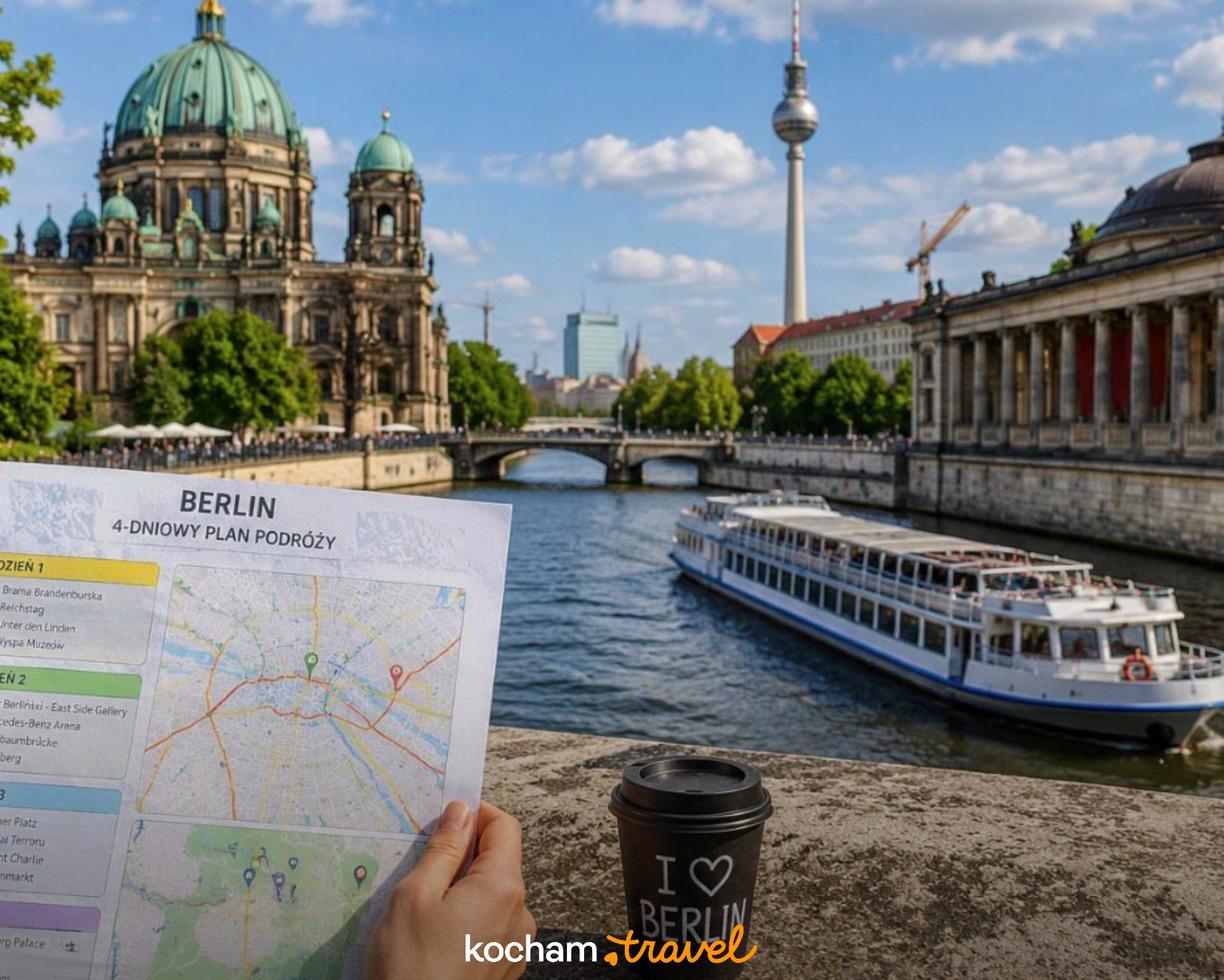 Plan podróży po Berlinie z Katedrą, Wieżą TV i rzeką Sprewą.