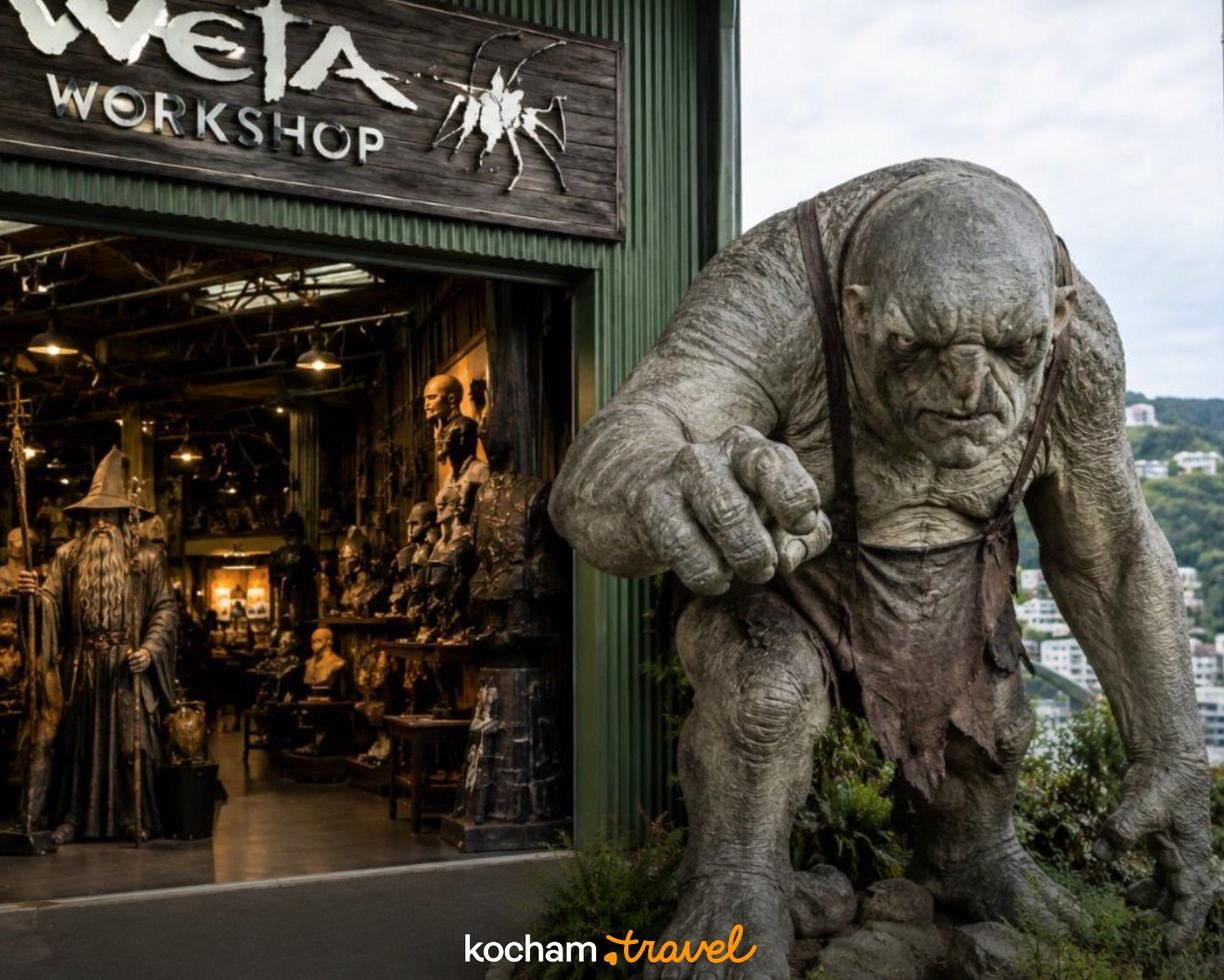 Gigantyczny troll i Gandalf przed Weta Workshop w Nowej Zelandii.