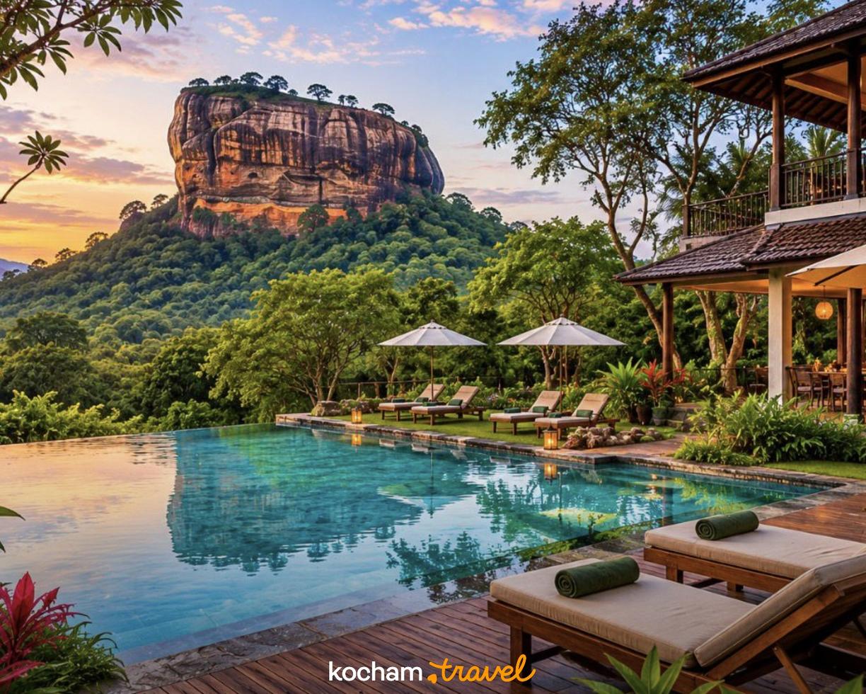 Luksusowy kurort ze skałą Sigiriya i basenem o zachodzie słońca na Sri Lance.