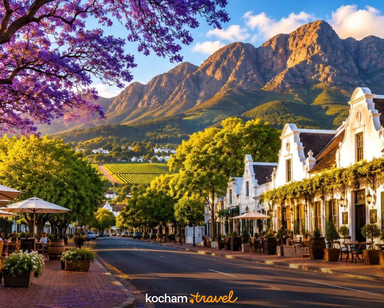 Ulica Stellenbosch z drzewami jakarandy, budynkami Cape Dutch, górami i winnicami.