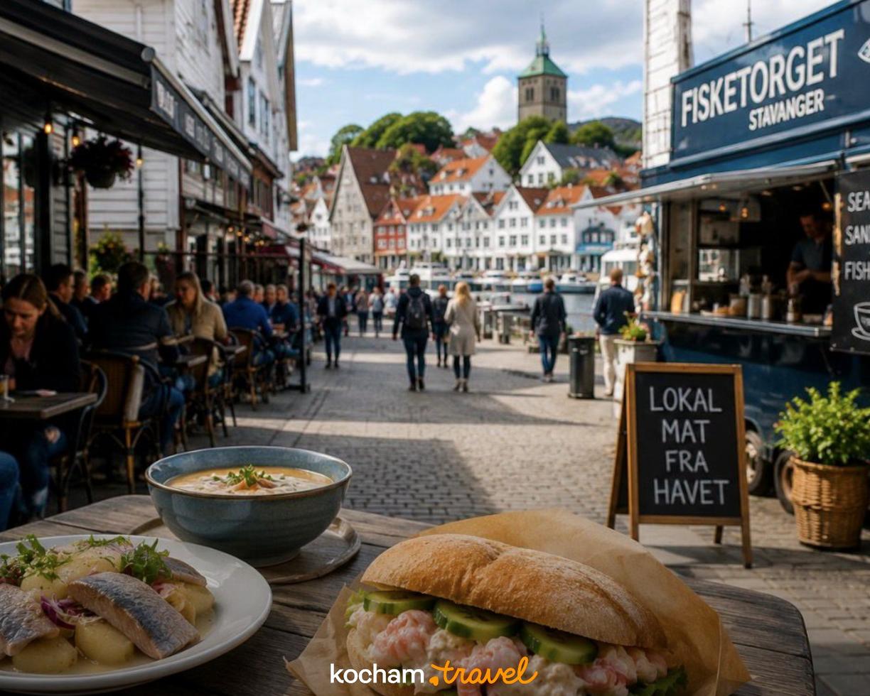 Degustacja lokalnych owoców morza na urokliwej ulicy Stavanger, Norwegia.