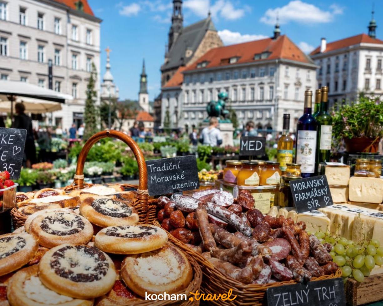 Morawski targ w Brnie oferujący regionalne produkty: sery, wędliny, wypieki.