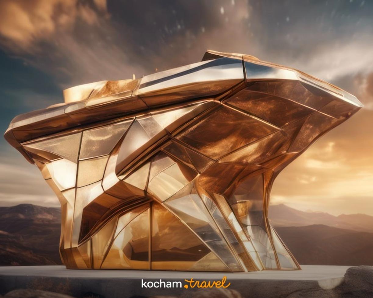 Złota futurystyczna architektura na tle pustynnych gór o zachodzie słońca.