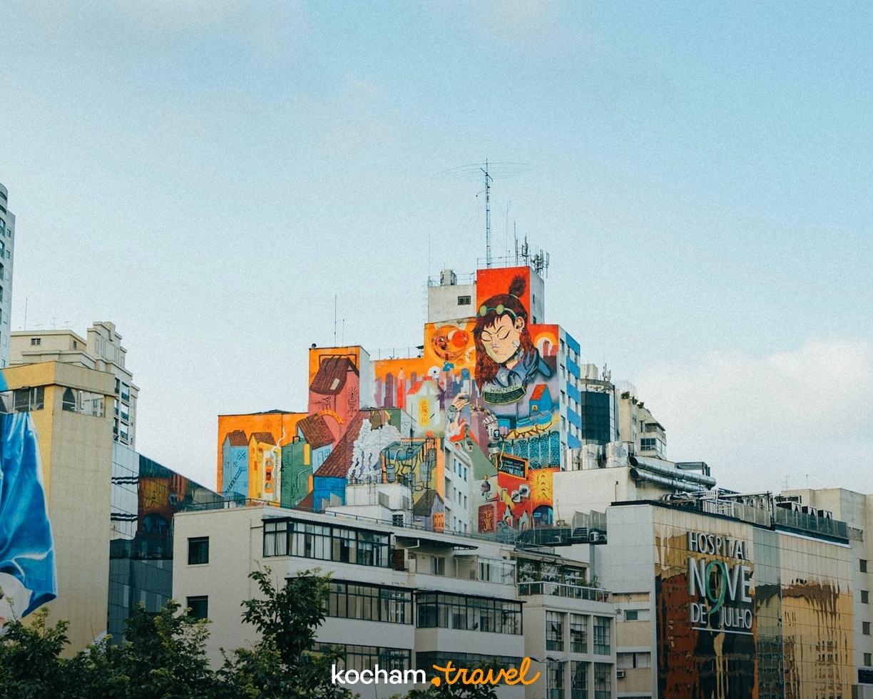 Kolorowe murale na budynkach w mieście, w tym lekarz i postać z anime.