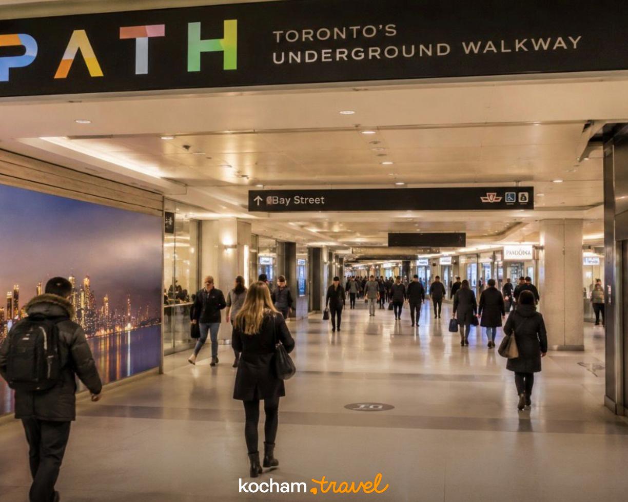 Podziemny pasaż PATH w Toronto ze sklepami i spacerującymi ludźmi.