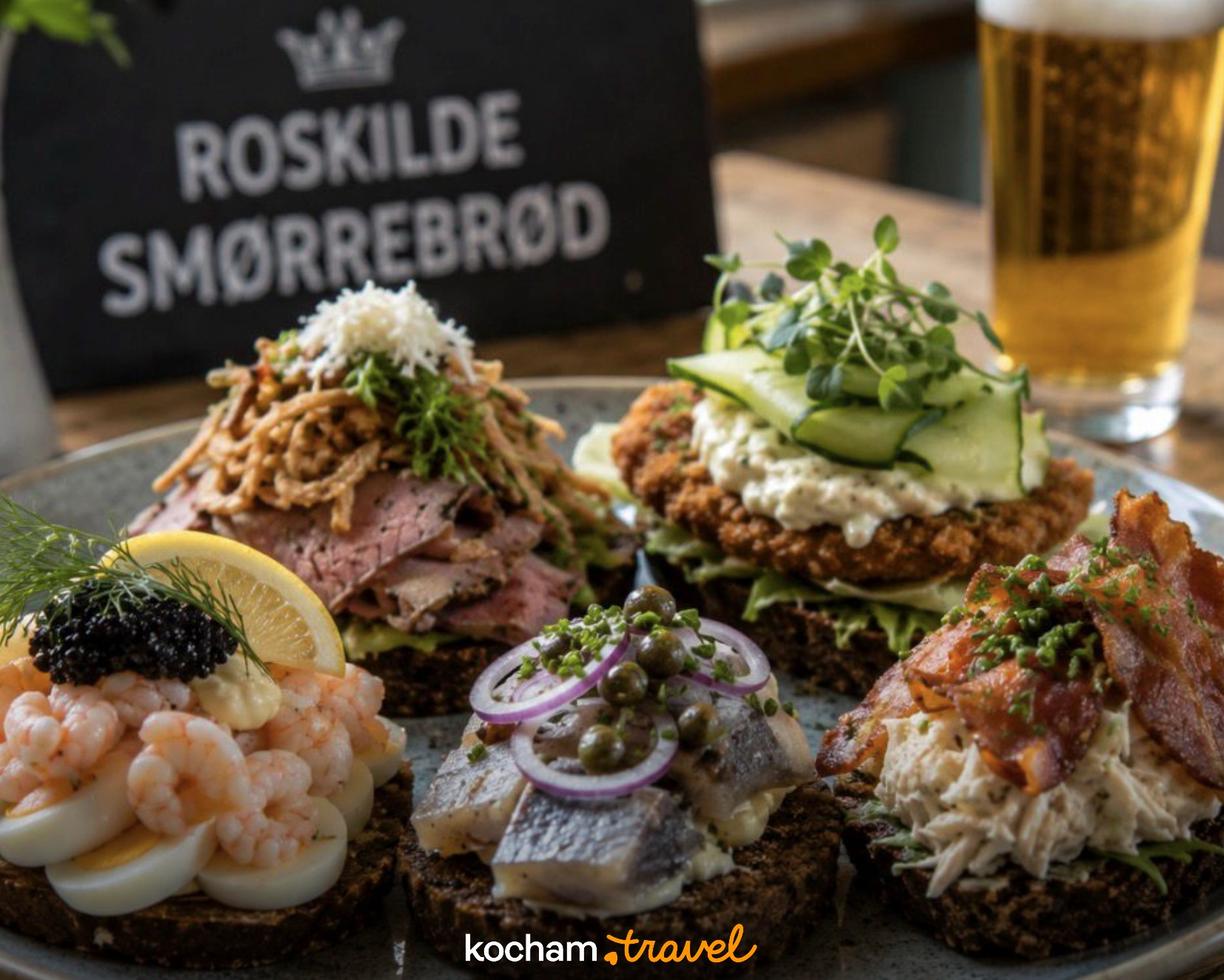 Pięć wykwintnych duńskich kanapek smørrebrød z różnymi dodatkami na talerzu.